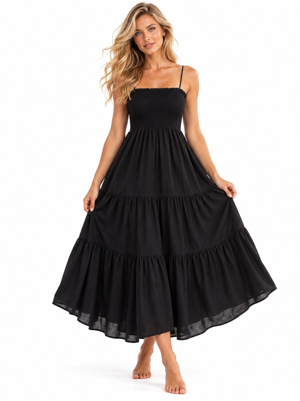 L'Academie Black Smocked-Bodice Tiered Maxi Dress NWT